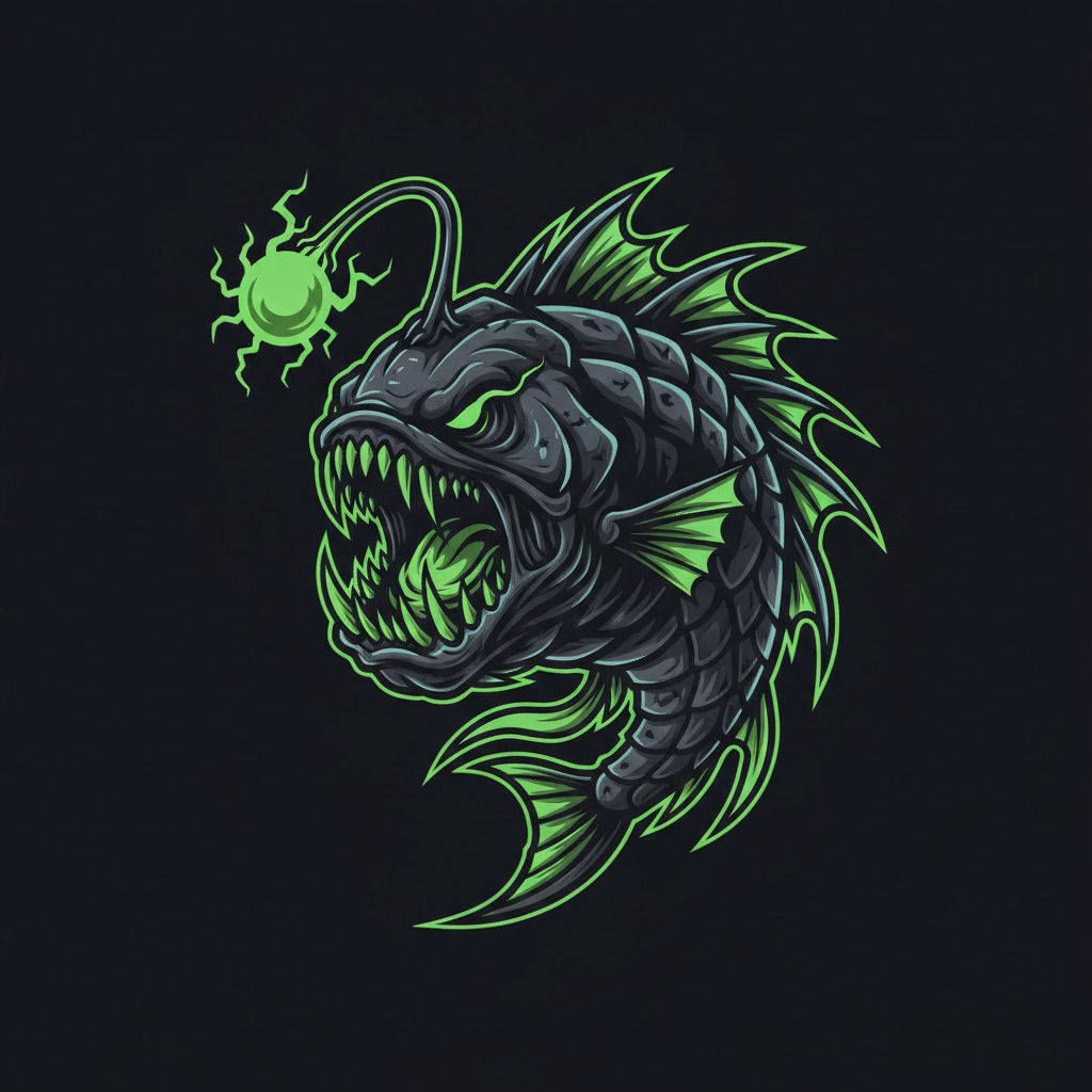 Menacing anglerfish esports mascot with glowing green lure